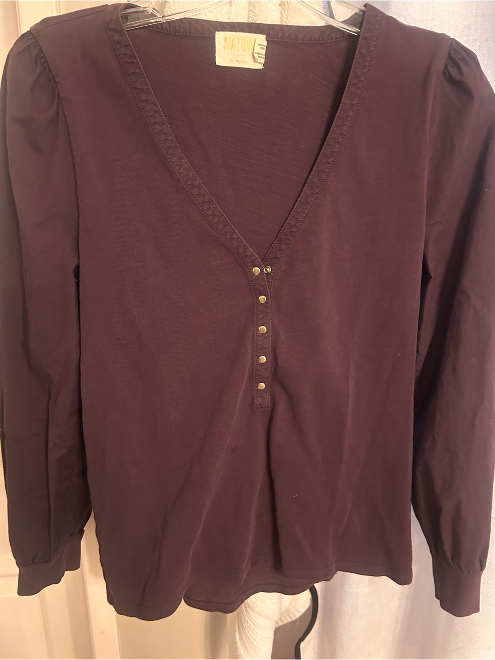 V-Neck Ivy Button Henley Long-Sleeve Top - Plum S